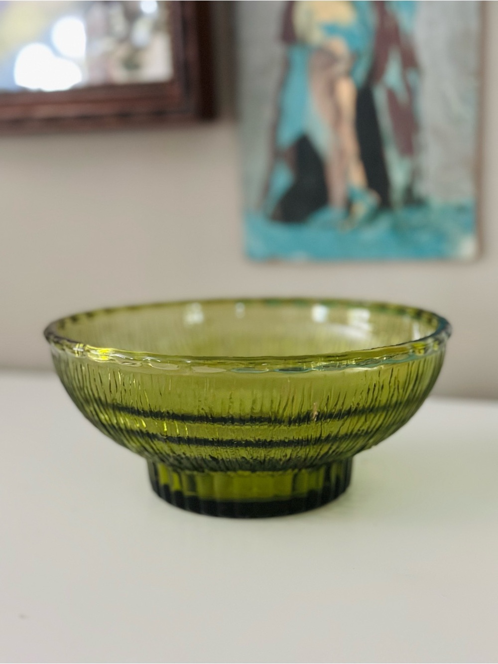 Vintage avocado green ribbed pedestal bowl